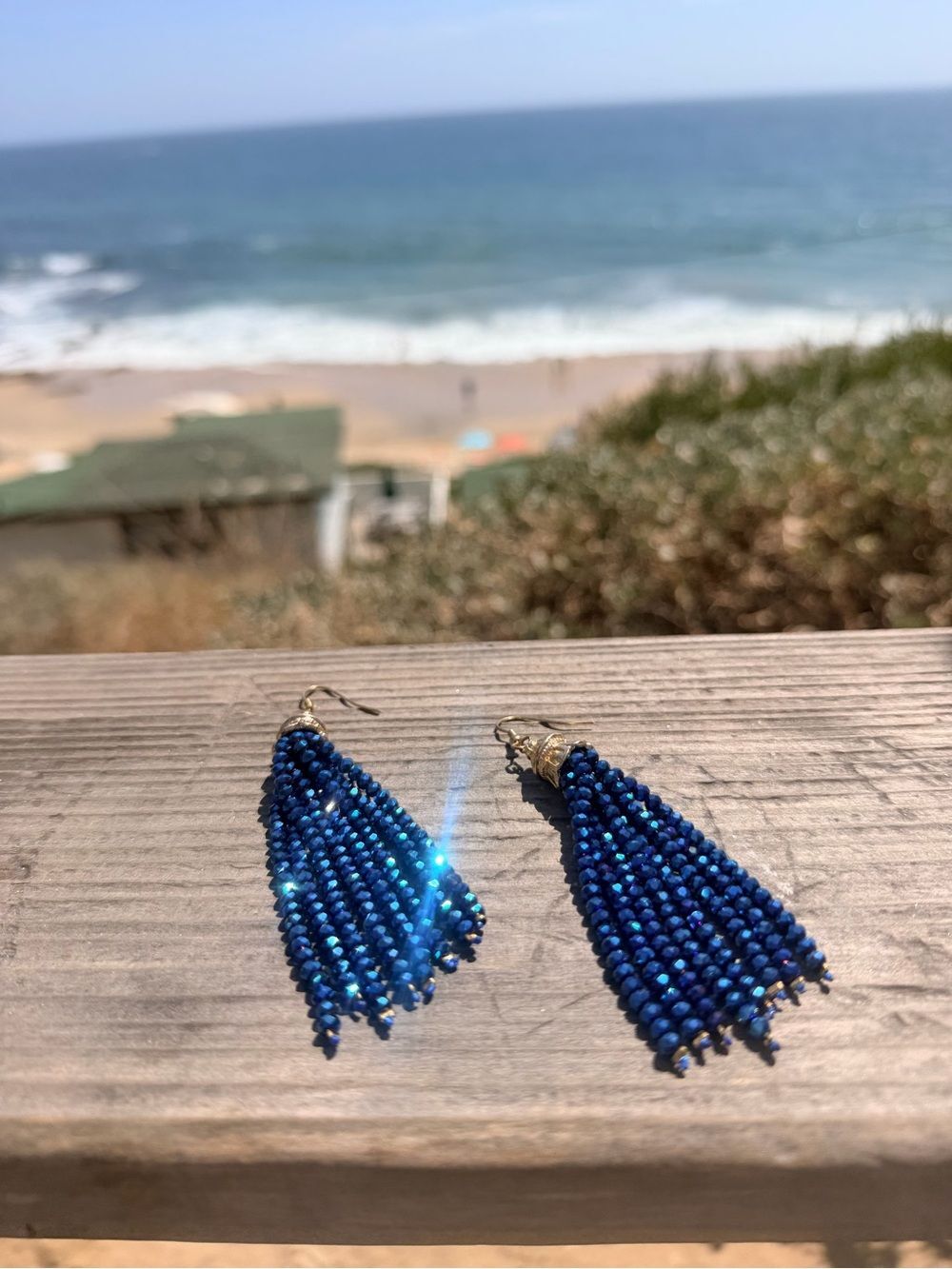 Iridescent dark blue beaded tassel earrings 